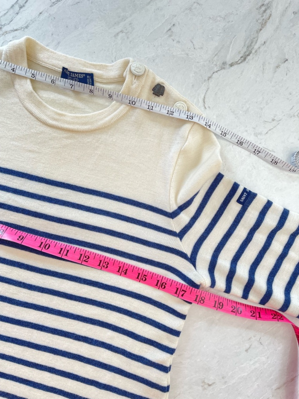 SAINT JAMES FRANCE Cream & Navy Nautical Striped Crewneck Wool Sweater, S (4-6) - Picture 9 of 13